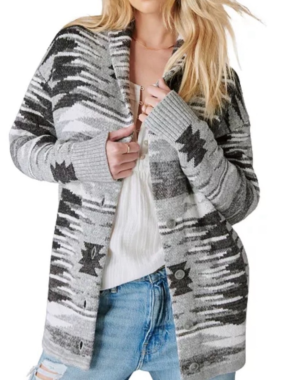 Lucky Brand Womens Southwestern Aztec Cardigan Sweater Black and Gray Size Large
